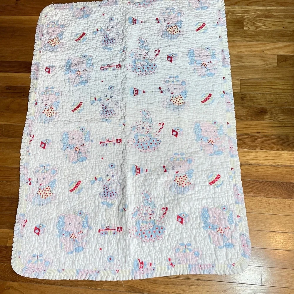 Vintage Quilted Baby Blanket Pastel Ruffled Circus Animal Elephant Bear Bunny